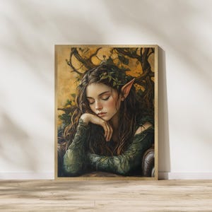 May include: A painting of a woman with long brown hair and pointed ears, wearing a green dress with vines and leaves. She is resting her chin on her hand and has her eyes closed. The background is a forest scene with trees and leaves.