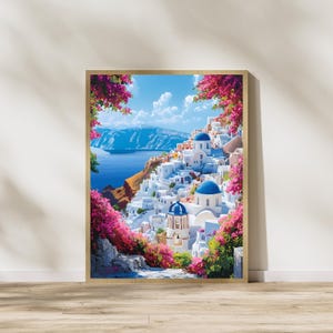 Santorini Travel Poster, Greece Wall Art Print, Mediterranean Landscape Poster, Coastal Blue & White Home Decor, Digital Download
