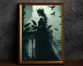 Raven Queen Gothic Art Print: Dark Fantasy Woman Portrait (Digital Download