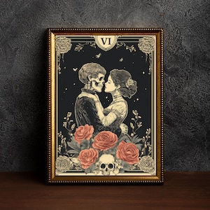 Impressão de carta de tarô The Lovers, arte romântica gótica, pôster de casal de esqueletos, decoração de parede gótica vitoriana, arte estética sombria, download digital