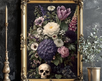 Gothic Skull Floral Print: Moody Botanical Dark Academia Wall Art (Digital Download)