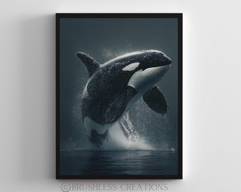 May include: A framed print featuring a black and white orca breaching the water's surface. The orca is captured mid-jump, with water splashing around it. The artwork is set against a dark, moody background.