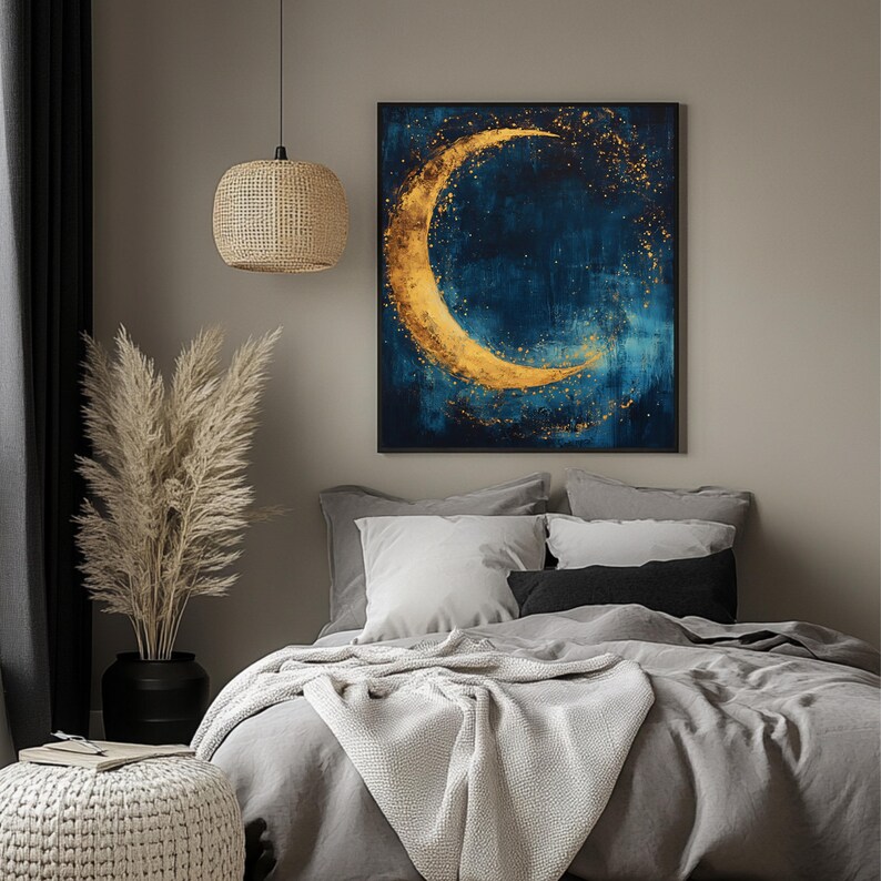 Abstract Gold Crescent Moon Print: Celestial Night Sky Art (digital ...