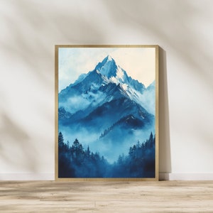 Blue Mountain Wall Art, Nature Landscape Print, Serene Mountain Artwork, Misty Forest Decor, Home Decor, Digital Download