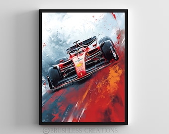 Könnte beinhalten: Ein roter Formel-1-Rennwagen mit schwarzen Akzenten und einem gelben und roten Logo an der Seite, der auf einem roten und orangefarbenen abstrakten Hintergrund fährt.