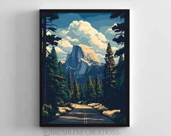 Plakat Parku Narodowego Yosemite: Krajobraz górski Half Dome (pobranie cyfrowe)