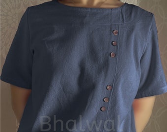 Linnen overhemd damesblouse - blouse met korte mouwen - klassieke linnen tuniek - losse katoenen top - casual overhemd voor dagelijks gebruik