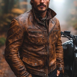 Blouson motard homme en cuir marron fait main effet vieilli Blouson moto en peau de mouton vintage Blouson en cuir vintage
