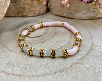 Bracelet femme en perle heishi rose et heishi pierre