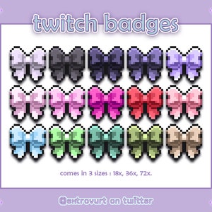 Op de afbeelding: Een set van 12 pixel art strikjes in verschillende kleuren, waaronder roze, blauw, groen, rood en paars. De strikjes zijn gerangschikt in drie rijen van vier. De tekst "twitch badges" en "comes in 3 sizes: 18x, 36x, 72x." staat onder de strikjes. De tekst "@extrovurt on twitter" staat onderaan de afbeelding.