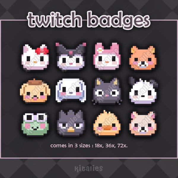 Kawaii Twitch-subbadge/bitset (12 stuks) // Leuke pixelart op Twitch-kanaal