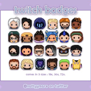 May include: A collection of 20 pixel art Twitch badges featuring various characters. The badges come in three sizes: 18x, 36x, and 72x. The text "twitch badges" is at the top of the image, and the text "@nattyymare on twitter" is at the bottom of the image.