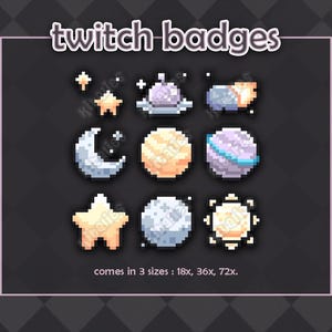 Insignia/conjunto de bits de suscripción cósmica de Twitch (9 piezas) // Canal de Twitch con temática espacial, arte de píxeles