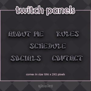 Puede incluir: Paneles de Twitch en negro y gris con texto que incluye "About Me", "Rules", "Schedule", "Socials" y "Contact". Los paneles están sobre un fondo oscuro con un patrón de diamantes y miden 1316 x 292 píxeles.