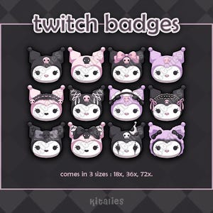 May include: A collection of twelve Twitch badges featuring a cartoon character with a skull and bow design. The badges are in various shades of black, pink, and purple. The text "twitch badges" is at the top, and "comes in 3 sizes : 18x, 36x, 72x." is at the bottom.