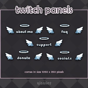 Könnte beinhalten: Ein Set von Twitch-Panels mit dunklem Hintergrund und rosa Rahmen. Jedes Panel zeigt pixelige blaue Flügel und einen Heiligenschein, mit Textbeschriftungen wie "about me", "faq", "support", "donate" und "socials".