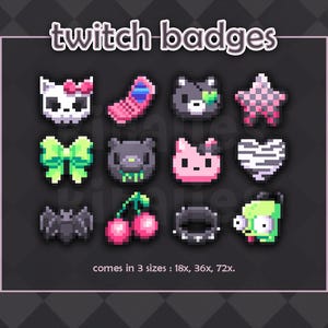 Op de afbeelding: Een verzameling pixelachtige Twitch-badges met diverse ontwerpen, waaronder een schedel met een strik, een roze ster, een groene strik, een zwarte beer, een roze kat, een hart met zebraprint, een vleermuis, kersen, een halsband met studs en een groene alien. De tekst "twitch badges" staat bovenaan.