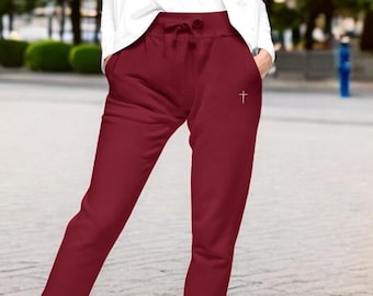 Embroidered Jesus Cross Unisex Fleece Sweatpants, Religious Sweatpants, Christian Apparel, Black Sweatpants with Cross, Comfortable Lounge