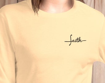 Faith Black Embroidered Long Sleeve Tee, Custom Christian Long Sleeve Top, Men's Church T-Shirt, Women's Church T-Shirt, Matching Tops