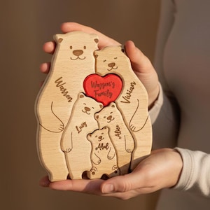 Puzzle en bois personnalisé représentant une famille d'ours, souvenir gravé sur mesure, décoration écologique