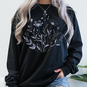 Floral Long Sleeve T-Shirt, Blue Flower Shirt, Botanical Tee