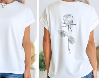 Camiseta de mujer con rosas, espalda floral, rosa de tallo largo, regalo para ella