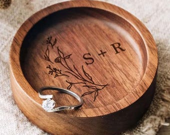 Personalized Walnut Ring Dish, Custom Engraved Engagement Holder, Anniversary Wedding Keepsake