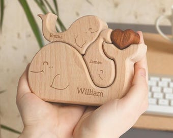 Puzzle di famiglia personalizzato in legno con balene, ricordo di famiglia, regalo per la mamma, regalo di Natale, decorazione per la casa in legno