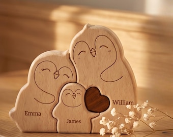 Puzzle di famiglia in legno personalizzato con pinguini, ricordo di famiglia, puzzle in legno personalizzato, regalo per la festa della mamma, regalo per i genitori