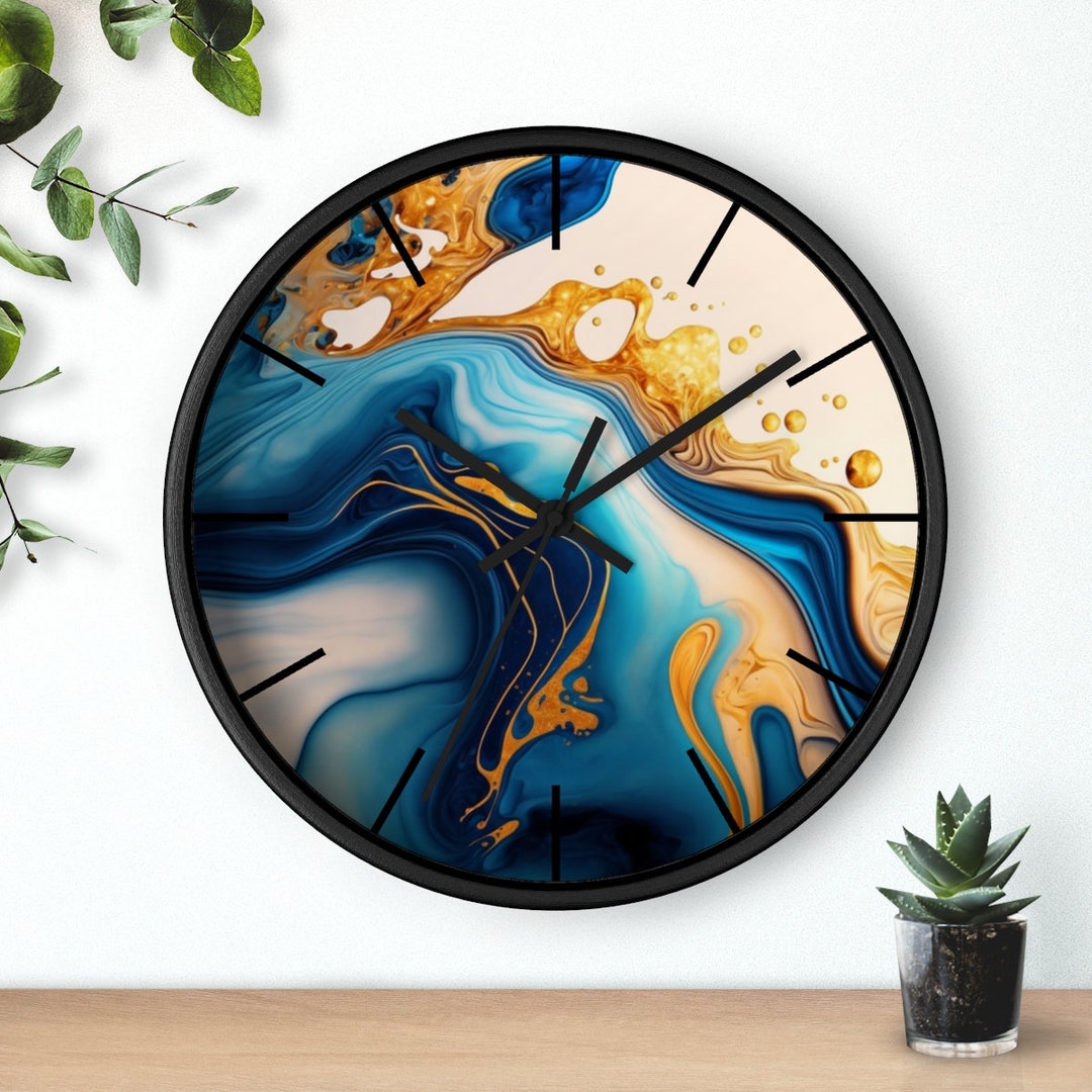 Marble Wall Clock Dark Blue and Gold Marble Wall Clock Blue Etsy