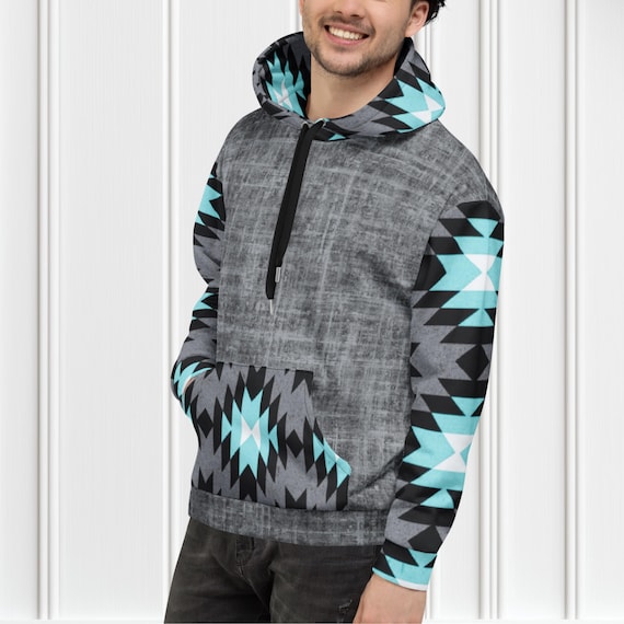 hooded pullover tribal print hoodie Aztec Color Block Pullover Hoodie, Grey and Turquoise Hooded Sweatshirt, Tribal  Print Hoodie Israel