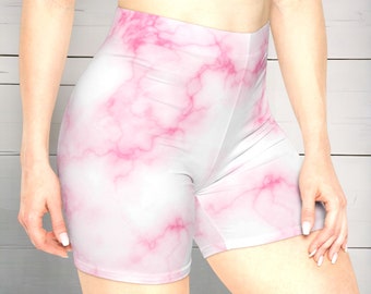 Pink Marble Women's Biker Shorts, Women's Customized Shorts, Women's Summer Shorts, Yoga Shorts, Custom Athletic Clothing, High Rise Shorts