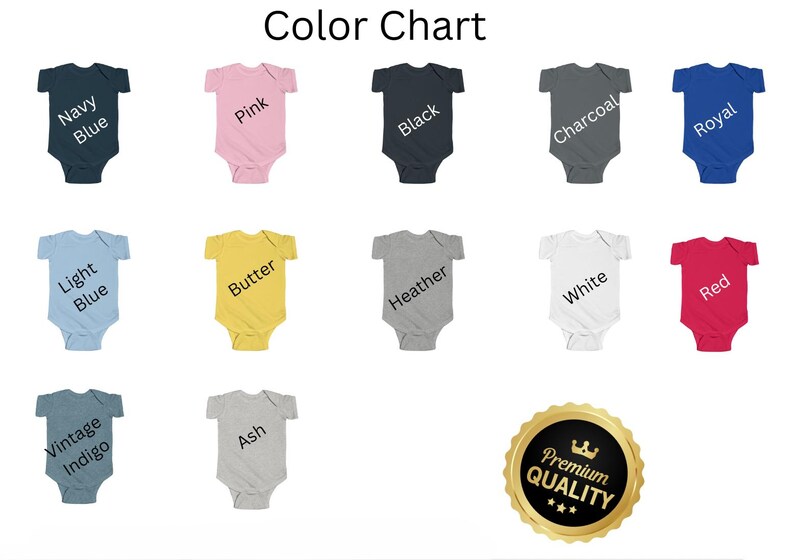 Puede incluir: Tabla de colores con bodies de beb&eacute; en varios tonos: azul marino, rosa, negro, carb&oacute;n, azul real, azul claro, mantequilla, brezo, blanco, rojo, &iacute;ndigo vintage y ceniza. Un sello dorado indica "Calidad Premium."
