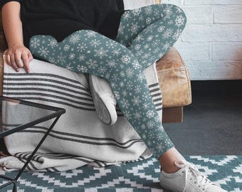Snowflake Winter Leggings, Holiday Winter Pants, Women's Christmas Leggings, Christmas Apparel