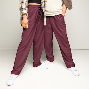 Burgundy Joggers, Recycled Polyester Lounge Pants, Custom Sweatpants, Wide leg Joggers