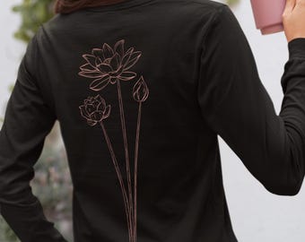T-shirt a maniche lunghe con fiore a stelo lungo, camicia floreale, maniche lunghe primaverili, top da donna
