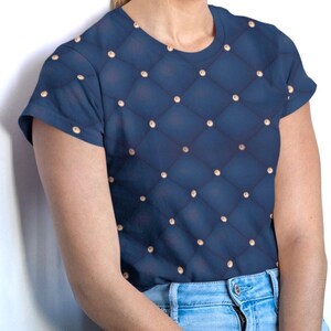 T-shirt matelassé pour femme, chemise à losanges bleu marine, chemise à manches courtes cousue à la main