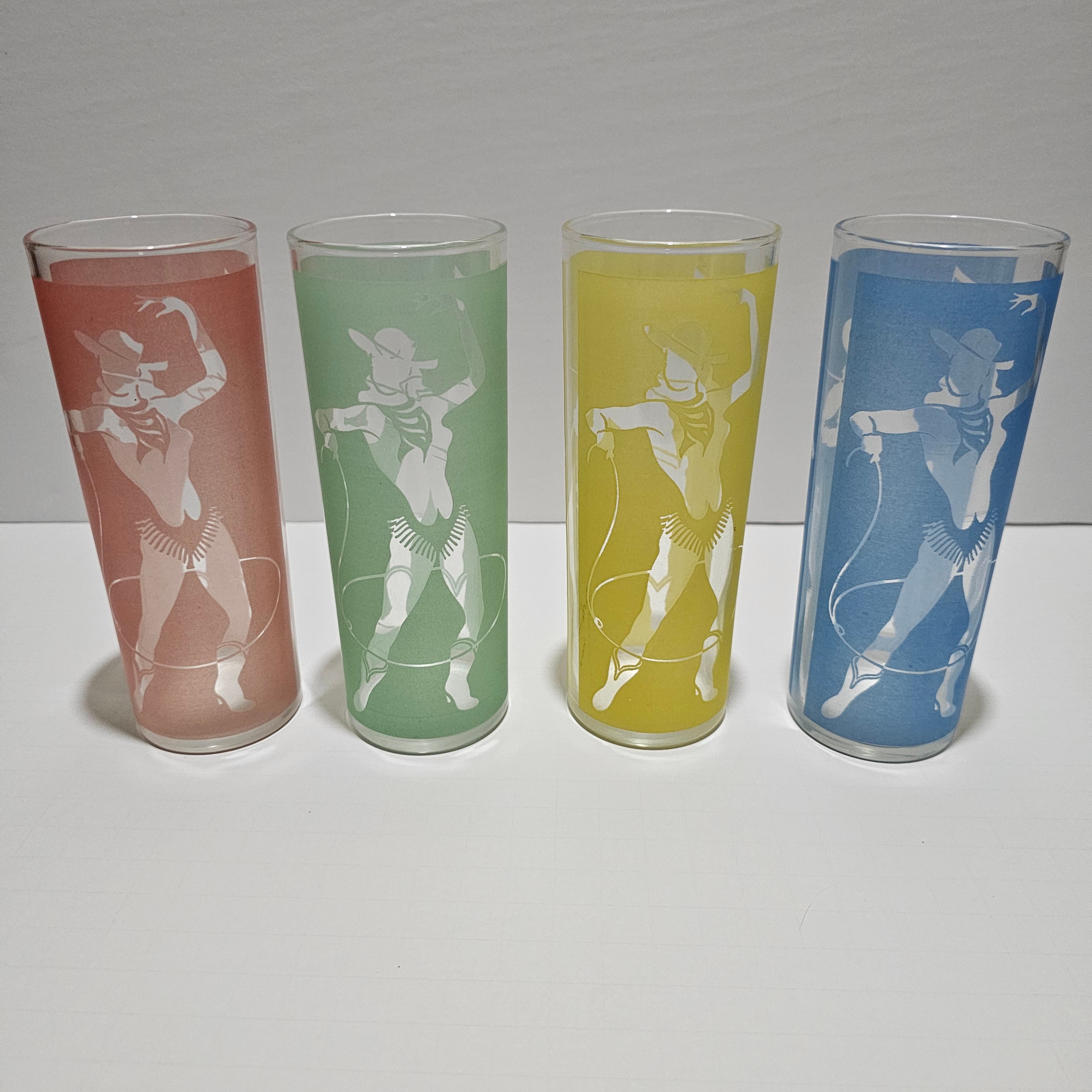 Vintage Light Blue Swirled Octagonal Tallboy Glass Cups Set of 4 
