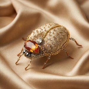 May include: A gold-coloured beetle brooch, intricately embellished with crystals and a large amber gemstone. The brooch showcases detailed beadwork and delicate legs. It is set against a satin background, creating a luxurious aesthetic.
