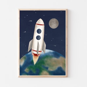Póster cohete espacial | A3 A4 | Póster de cohetes para habitación infantil, póster para niños, póster para niño, niña, astronauta, planeta, luna, sistema solar, espacio