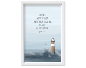 Poster Leuchtturm Meer Wellen, personalisiert mit Taufspruch Segenswunsch Bibelvers Namen Datum, Konfirmation Kommunion Hochzeit Firmung A4