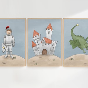 Póster habitación infantil caballero castillo caballero dragón | A3 A4 | Conjunto de carteles regalo niños niño niña bebé guardería decoración pared decoración sala de juegos