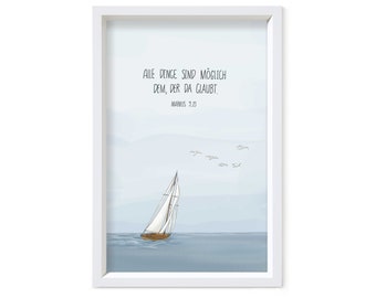 Poster A4 Segelschiff Meer Geschenk Taufe Hochzeit Konfirmation Kommunion, personalisierbar mit Namen, Taufspruch, Segenswunsch, Bibelvers