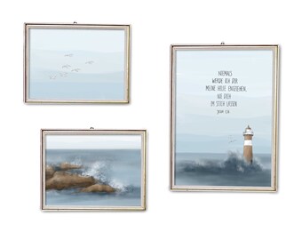 Dreiteiliges Poster Set Leuchtturm, personalisiert mit Taufspruch Segensspruch Name | Geschenk Taufe Konfirmation Hochzeit Kommunion Einzug