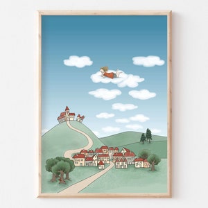 Poster Mondo dei sogni A3 A4 poster per bambini poster per la cameretta dei bambini regalo per bambini ragazza poster per bambini nuvole colline volpe poster piccola città
