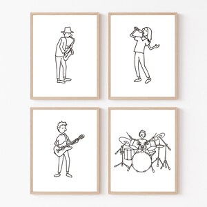 Lote de 4 carteles de músicos o individuales | Banda de música batería guitarra saxofón cantante | A4 | minimalista | regalo para amantes de la música
