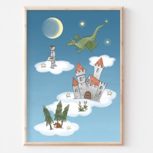 Poster mondo delle nuvole: cavaliere, castello, drago | A3 A4 | Poster per bambini, cameretta dei bambini, regalo per bambini, ragazzo, poster per bambini, il castello dei cavalieri, il castello delle stelle, la volpe