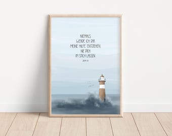 Poster Leuchtturm Meer Wellen, personalisiert mit Taufspruch Segenswunsch Bibelvers Namen Datum, Konfirmation Kommunion Hochzeit Firmung A4