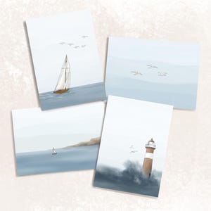 Set van 8 POSTKAARTEN Maritiem | vuurtoren zeilschip kust zee golven meeuwen | DinA6 | Noordzee Oostzee Wenskaart Verlangen Kracht Vrede Doop
