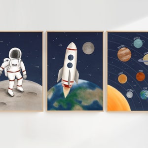 Conjunto de carteles espacio astronauta cohete planetas sistema solar universo | Tamaño A3A4 | Póster Habitación Infantil Póster Niños Póster Niño Póster Niña